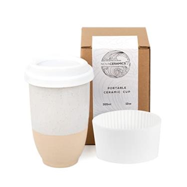 Imagem de Nova Ceramics Copo de café reutilizável, caneca de viagem de cerâmica com tampa, copo de café portátil, caneca exclusiva para ir ao micro-ondas, lavável na lava-louças, 355 ml, argila com esmalte salpicado, Dune