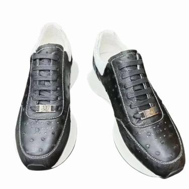 Imagem de Tênis masculino autêntico verdadeiro verdadeiro pele de avestruz casual cadarço couro exótico genuíno masculino clássico preto branco cor sapatos, Preto, 37