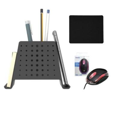 Imagem de Kit Mouse com Led + Organizador de mesa porta canetas + Mouse Pad Pret