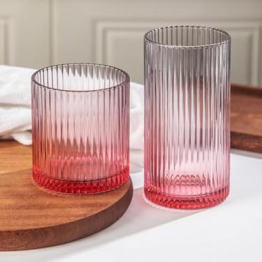 Imagem de Lumkit Copos de bebida canelados, 8 peças, copos de 340 g e 293 ml, conjunto de copos para casamento, festa, presente de Natal, cinza e rosa