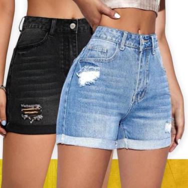 Imagem de Kit 2 SHORTS JEANS RASGADO Slim FEMININO Casual Elastano Cintura Alta 