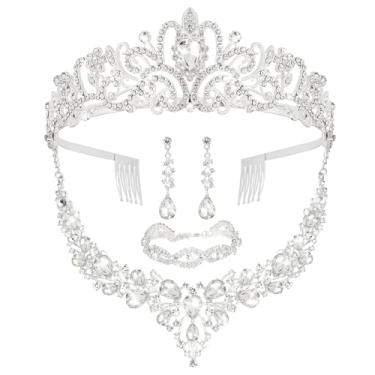 Imagem de CIEHER Conjunto de joias femininas de 4/5 peças - coroa deslumbrante + colar luxuoso + pulseira elegante + brincos pendentes de gota de cristal para festa de casamento de noiva, Metal, Cristal