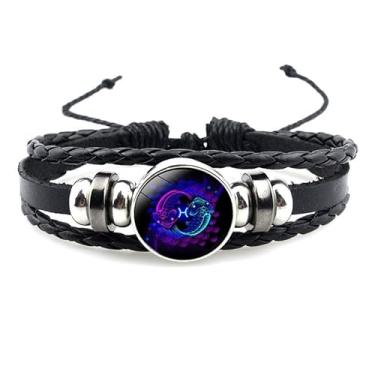 Imagem de ANGLEQUEEN Pulseira de constelação do zodíaco, 12 constelações, signos do zodíaco, guardião, pulseira de couro preto fluorescente para mulheres e homens joias, adjustable, Liga metálica, Sem Pedra