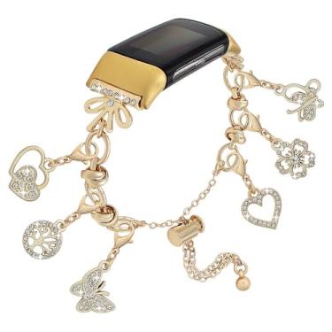 Imagem de PENKEY Pulseira de metal compatível com Fitbit Charge 6/Fitbit Charge 5, pulseiras femininas, pingentes elegantes compatíveis com Fitbit Charge 6/Charge 5 Fitness Tracker, coração borboleta