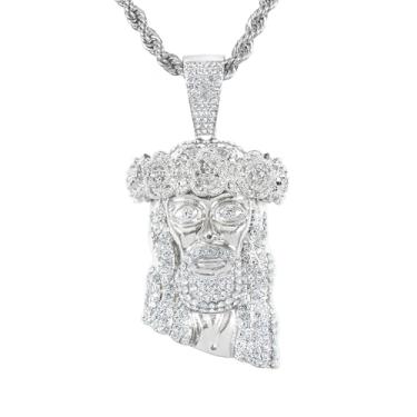 Imagem de ICE STAR Colar masculino com pingente de Jesus com coroa de espinhos e corrente de corda de 61 cm – Joias hip-hop com cristais simulados, 24-INCHES, Zinco, Zircônia cúbica