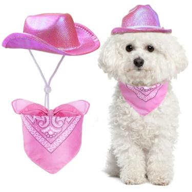Imagem de Jmkcoz Conjunto de fantasia de cowboy para animais de estimação neon brilhante glitter espaço cão gato chapéu de cowboy boné bandana cachecol para cachorrinho gatinho Halloween festa cosplay ocidental