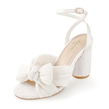 Imagem de Ankis Sapatos de casamento grossos de salto com laço de ouro branco para noivas 8,5 cm salto alto bico aberto fivela tira elegante plissado Kont sapato feminino festa formatura evento verão, Branco,