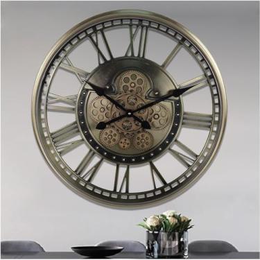 Imagem de Relógio de parede grande de 53 cm com engrenagens móveis reais, relógio de parede decorativo de metal moderno operado por bateria, relógio de parede steampunk industrial grande para decoração de sala