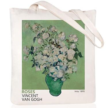 Imagem de Andeiltech Sacola de lona Estética Bonito Vintage Tote Bags Livro Bolsa de Ombro Presentes Reutilizáveis Bolsas de Mercearia para Mulheres, Van Gogh_rosa em um vaso, Large