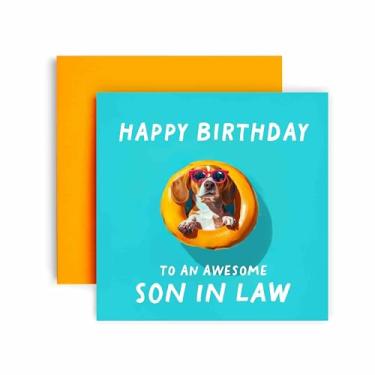Imagem de Huxters Cartão de feliz aniversário engraçado genro - cartão de presente incrível cachorro na piscina para ele cartão para genro - 14,8 cm (Son-In-Law)