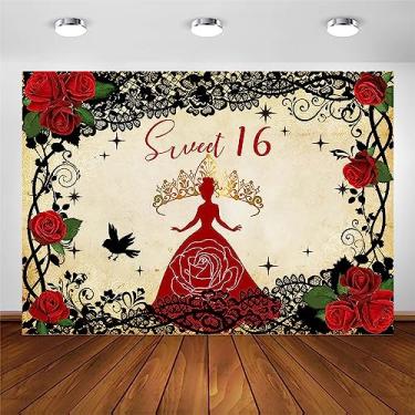 Imagem de Avezano Sweet 16 Pano de fundo retrô rosa tema princesa gótica decorações de festa de aniversário preto e vermelho 16º aniversário fotografia fundo meninas bar mitzvah coroa Photo Booth Banner (2,1 x