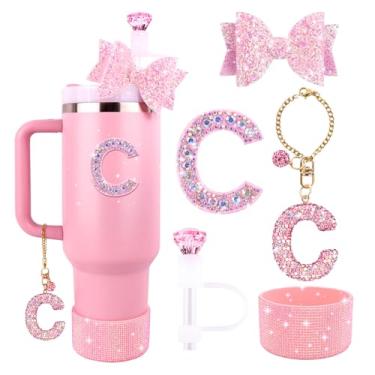 Imagem de Lingdeer Conjunto de acessórios rosa para Stanley Cup 850.5 g 1,134.0 g, pingentes de letras brilhantes, capa de palha de diamante, bota de silicone com glitter, adesivo personalizado, enfeite de
