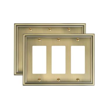 Imagem de TREEWELL Pacote com 2 placas decorativas triplas decorativas, placa de parede de latão antigo de liga de zinco durável para tomadas elétricas, receptáculo, tomada GFCI, interruptor regulador, 3
