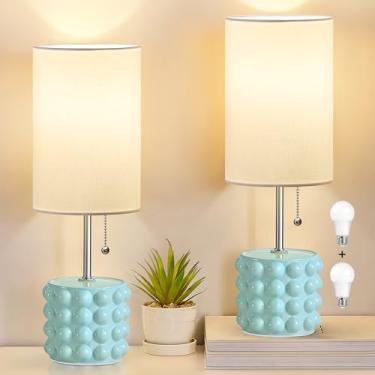 Imagem de GyroVu Conjunto De 2 Abajures De Mesa De Cerâmica, Abajures Pequenos De Cabeceira, Abajures Modernos De Mesa De Cabeceira Com Corrente De Puxar E Abajur De Tecido, Abajur De Mesa Azul Para Quarto, S
