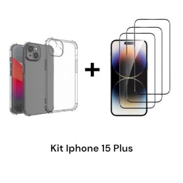 Imagem de Kit Para Iphone 15 PLUS  1UN Capinha Capa Transparente + 3UN Películas