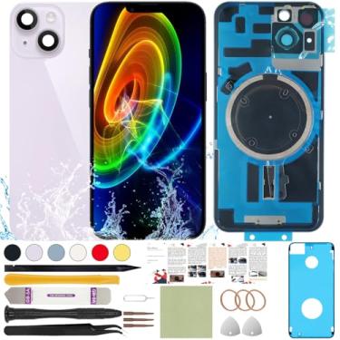 Imagem de ReuWeu Substituição de vidro da capa traseira compatível com iPhone 14 Plus todas as operadoras de 6,7 polegadas + placa pré-instalada e moldura da câmera + ferramentas profissionais (roxo)