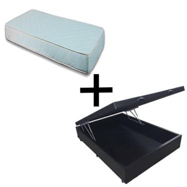Imagem de Cama Baú Box Viúva 128 - Tecido Sintético Preto com Colchão Munique Bello Box - 100% Espuma - D33 Branco 55x128x188