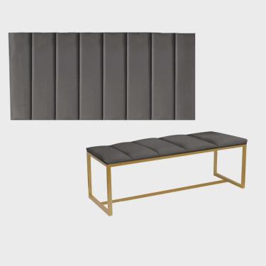 Imagem de Kit Painel Carla e Calçadeira Industrial 195cm King Size Box Ferro Dourado Corino Cinza Escuro - Ahz Móveis