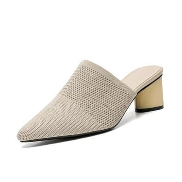 Imagem de NourIron Sandália feminina de malha fechada bico fino salto grosso moda malha respirável salto baixo sandália confortável sem cadarço sapatos de festa social, damasco - 2, 35