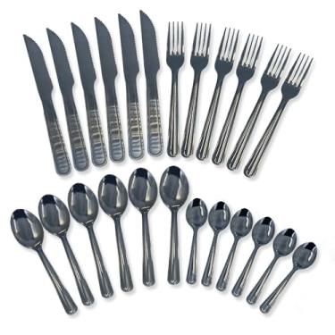 Imagem de Conjunto de Talheres em Aço Inox, 24 Peças, Facas para Churrasco, Garfos, Colheres de Mesa e Sobremesa