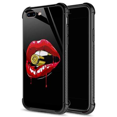 Imagem de Capa para iPhone 8 Plus, capa DRX1020-8P01 para iPhone 7 Plus, traseira de vidro temperado + capa protetora de TPU de silicone macio para Apple iPhone 7/8 Plus, iPhone 7/8/SE2, Red Lip Bite Bullet