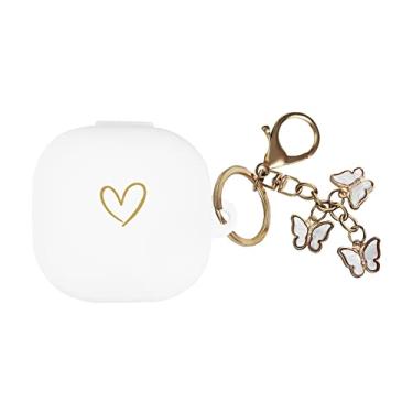 Imagem de AIIEKZ Compatível com Samsung Galaxy Buds FE/Buds 2 / Buds Pro/Buds Live/Buds 2 Pro, capa de silicone macio com padrão de coração dourado com chaveiro de borboleta fofo para meninas e mulheres