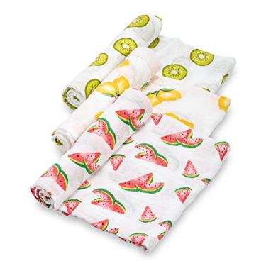 Imagem de LollyBanks Muslin Swaddle Blanket |Baby Girl Fruit Pattern | Watermelons, Lemons, and Oranges |100% Cotton |New Borns and Infants |Large 47 x 47 inches |Machine Washable