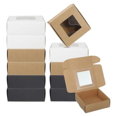 Imagem de PATIKIL Caixa de sabão de papel de 10 x 10 x 3,8 cm com janela, pacote com 30 caixas de sabão caseiras quadradas para presente de aniversário, Natal, artesanato, preto/branco/kraft