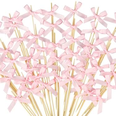 Imagem de 100 peças palitos de coquetel de arco rosa 12 cm palitos de bambu chiques palitos de coquetel de bambu natural palitos de coquetel coquete laço laço swizzle vara para chá de panela, lembrancinhas de
