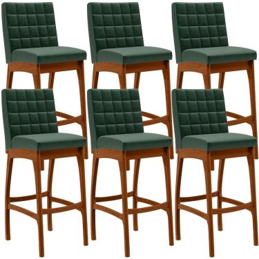 Imagem de Kit 06 Banquetas Altas Mila L02 Fixa Madeira Eucalipto Assento Estofado Plástico Verde musgo Lyam Decor