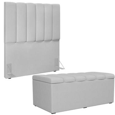 Imagem de Kit Cabeceira Cama Box Solteiro 100cm e Calçadeira Recamier Baú Dália W01 Linho Madeira...