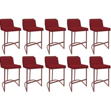 Imagem de Kit 10 Banquetas Com Encosto Confort Bistrô Cozinha Ferro Bronze Suede Vermelho Amey Decor