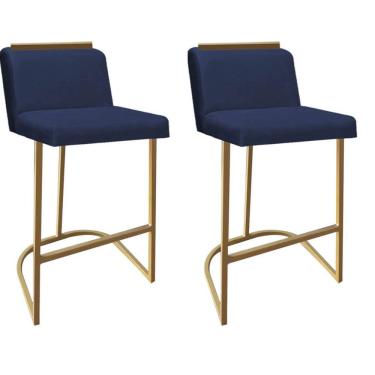 Imagem de Kit 02 Banquetas Com Encosto Confort Bistrô Cozinha Ferro Dourado Suede Azul Marinho Amey Decor