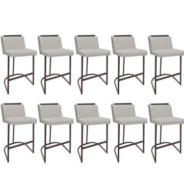 Imagem de Kit 10 Banquetas Com Encosto Nynna Luxo Confort Bistrô Cozinha Ferro Marrom Linho Bege - Amey Decor