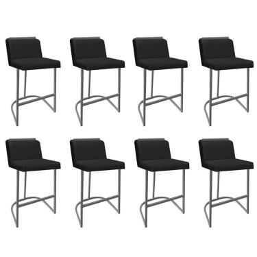Imagem de Kit 08 Banquetas Com Encosto Nynna Luxo Confort Bistrô Cozinha Ferro Cinza Suede Preto - Amey Decor