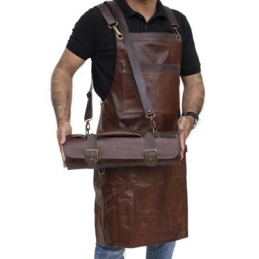 Imagem de Kit Avental Churrasqueiro Em Couro Bovino Premium + Estojo Porta Facas