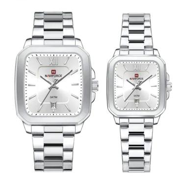 Imagem de Relogios De Pulso Analógico Conjunto De Casal Em Aço Inoxidavel Design Quadrado Impermeavel Branco