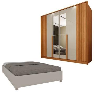 Imagem de Guarda-roupa 6 Portas Com Espelho Ripado Nova York E Cama Casal Queen Monaco Espresso Móveis Cinamomo-off White