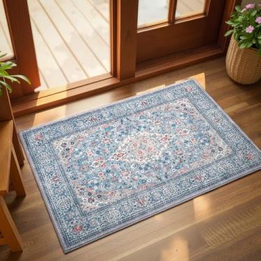 Imagem de Flagover Tapete azul pequeno lavável, tapetes de entrada vintage Boho 2x3, tapete de porta floral macio antiderrapante, tapete estético de pilha baixa para entrada de porta da frente, tapetes de