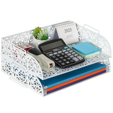 Imagem de EasyPAG Organizador de papel para mesa, bandeja de papel empilhável de 2 camadas para pastas tamanho A4, armazenamento de arquivos de metal, organizador de mesa para professores de casa, escritório