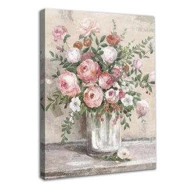Imagem de Dazzlewall Arte de parede vintage emoldurada, decoração de casa de fazenda, pôster de natureza morta, impressão de vaso de flores rosa e branco rústico, pintura a óleo botânica para banheiro, quarto