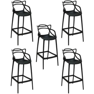 Imagem de Kit 5 Banqueta Alta Allegra com Encosto Design Cozinha/Bancada - Preto