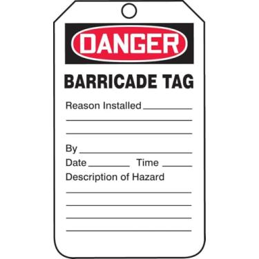 Imagem de Accuform Signs TAB104CTP Etiqueta de status de barricada, Legend"DANGER BARRICADE TAG", 14,6 cm de comprimento x 8,25 cm de largura x 0,01 cm de espessura, PF-Cardstock, vermelho/preto sobre branco (pacote com 25)
