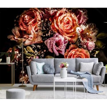 Imagem de Papel de parede de fundo preto de flor rosa, mural de parede de fundo de sofá pode decorar a parede do quarto e do banheiro