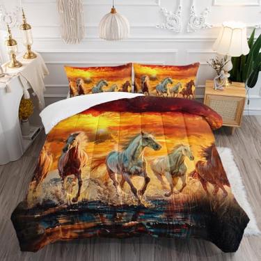Imagem de XYNHML Conjunto de edredom com tema de cavalo, 3 peças, cavalos bonitos galopantes, animais selvagens, para crianças, adolescentes, meninas, adultos, pôr do sol, lago e água, decoração de cama com 1