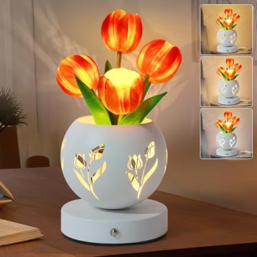 Imagem de Candeeiro de mesa de tulipa, luz noturna de flor artificial com escurecimento de toque em 3 cores, flor de LED recarregável sem fio com lâmpada de vaso, luminária de vaso de metal para decoração de