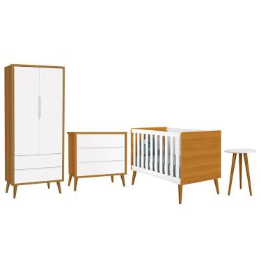 Imagem de Dormitório Infantil Theo Retrô 2 Portas, Cômoda, Berço e Mesa de Apoio com Pés Amadeirado - Reller Móveis Branco/Savana