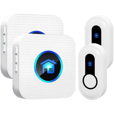 Imagem de Campainha sem fio à prova d'água fácil instalação a 400 metros de longo alcance alto o suficiente com 55 campainhas 5 níveis de volume LED flash campainha para casa sala de aula, apartamento, 2 botões