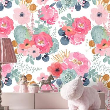 Imagem de MulYeeh Papel de parede de 44,5 cm x 1,201 cm, papel de parede floral rosa vintage, papel de contato com base branca, vinil, impermeável, autoadesivo para locatário, decoração de armário de papel de