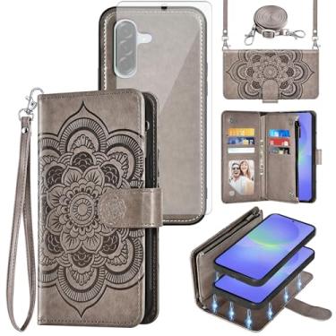 Imagem de Capa de celular para Samsung Galaxy A56 5G carteira com zíper destacável com protetor de tela de vidro temperado alça transversal cordão mandala flor flip compartimento para cartão A 56 56A LTE